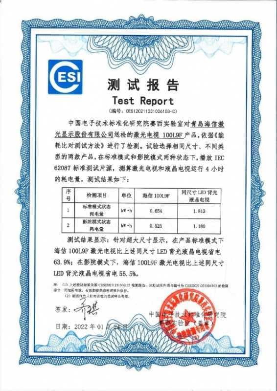 权威检测结果出炉，大屏激光电视更节能